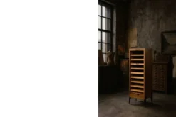 Vintage Industrial Danish Roller Shutter Brown Oak Cabinet with Drawers