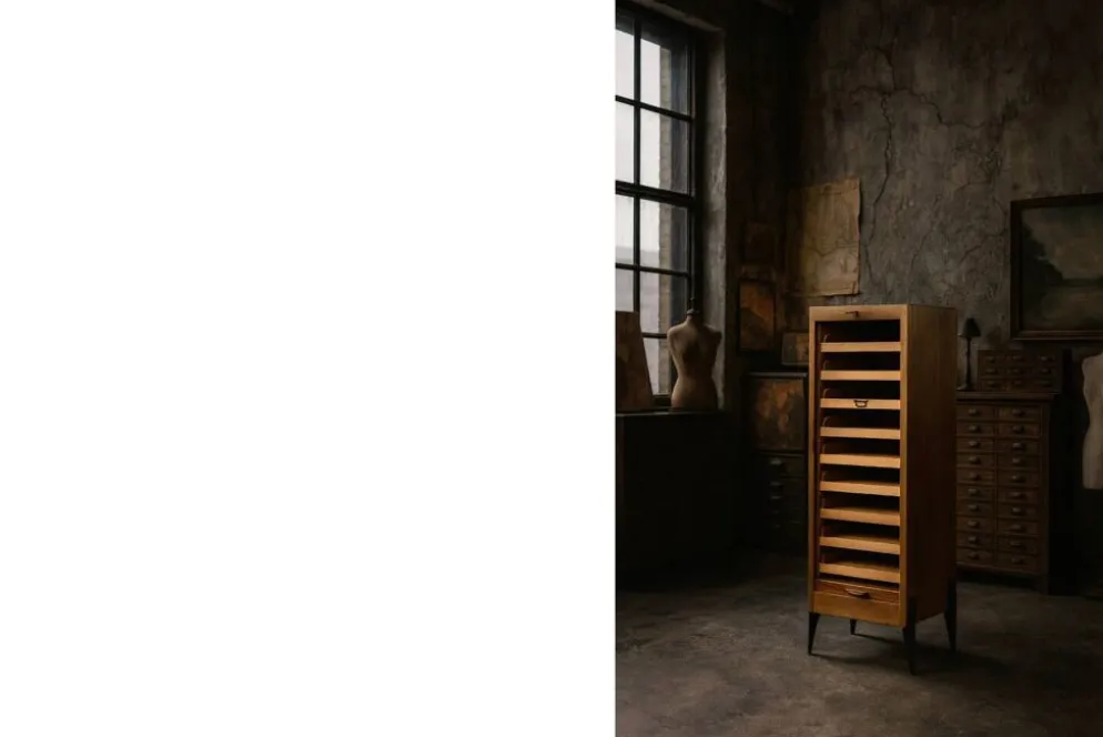 Vintage Industrial Danish Roller Shutter Brown Oak Cabinet with Drawers