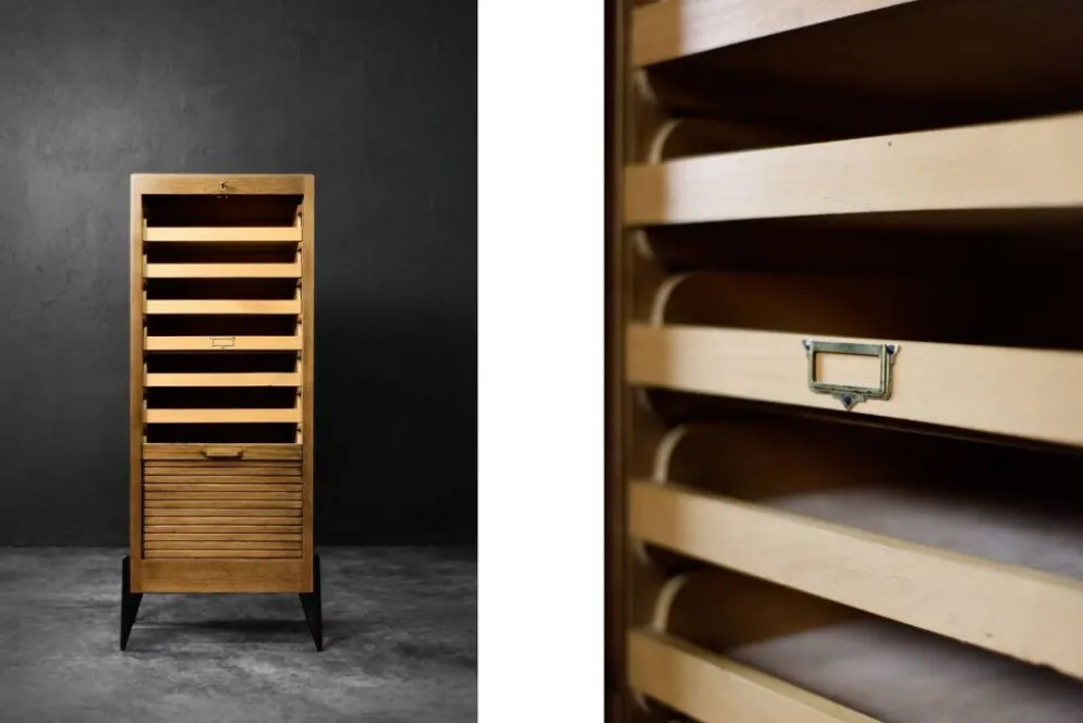 Vintage Industrial Danish Roller Shutter Brown Oak Cabinet with Drawers