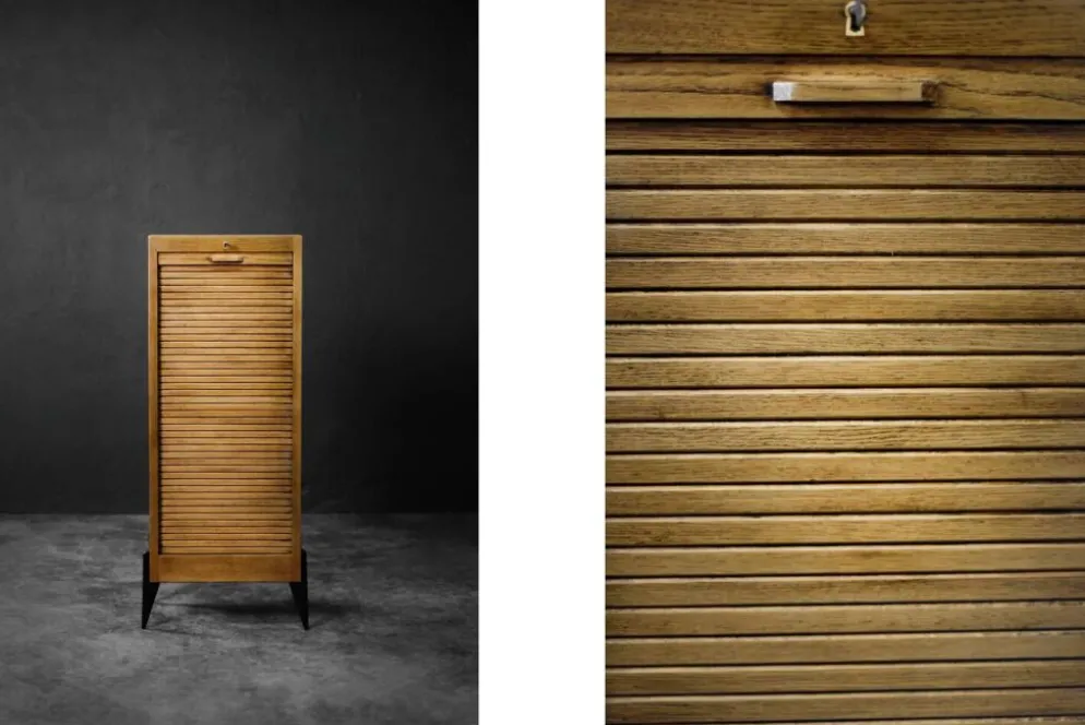 Vintage Industrial Danish Roller Shutter Brown Oak Cabinet with Drawers