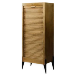 Vintage Industrial Danish Roller Shutter Brown Oak Cabinet with Drawers