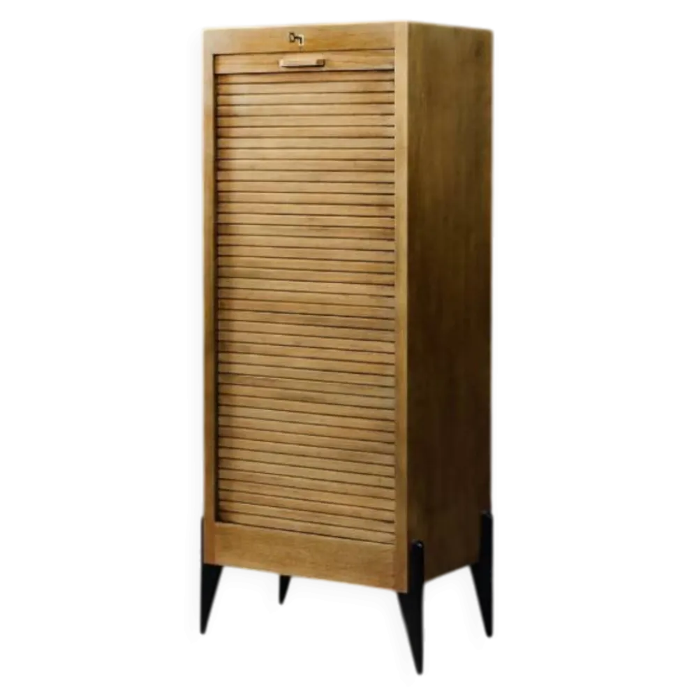 Vintage Industrial Danish Roller Shutter Brown Oak Cabinet with Drawers