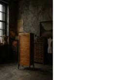 Vintage Industrial Danish Roller Shutter Brown Oak Cabinet with Drawers