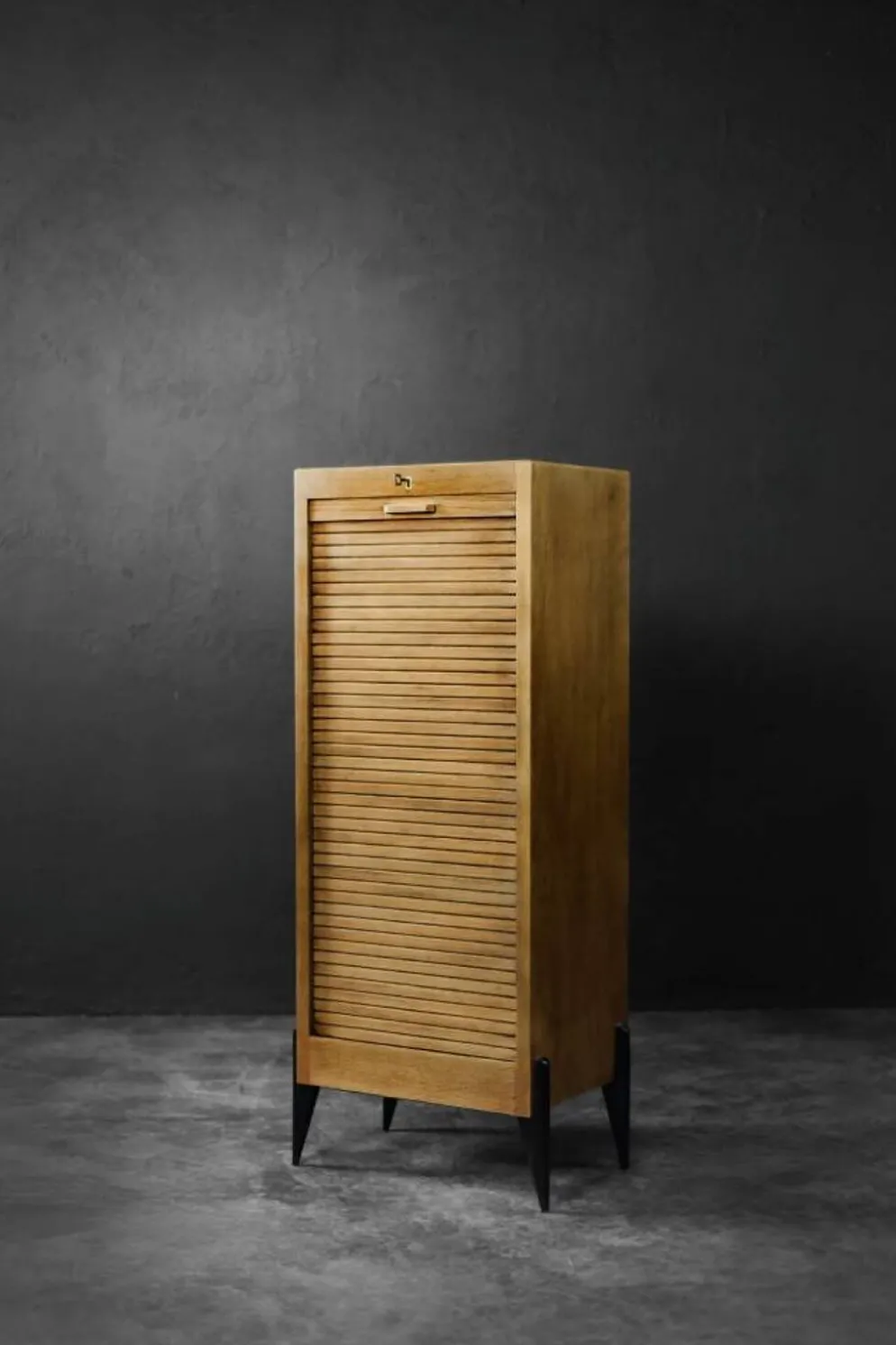 Vintage Industrial Danish Roller Shutter Brown Oak Cabinet with Drawers