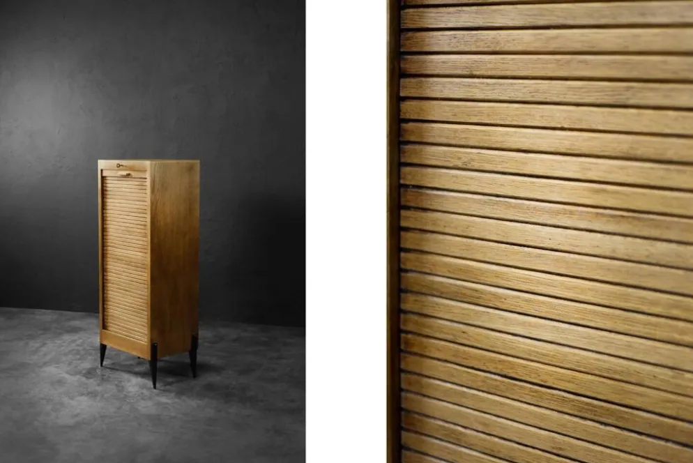 Vintage Industrial Danish Roller Shutter Brown Oak Cabinet with Drawers
