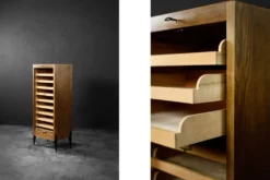 Vintage Industrial Danish Roller Shutter Brown Oak Cabinet with Drawers