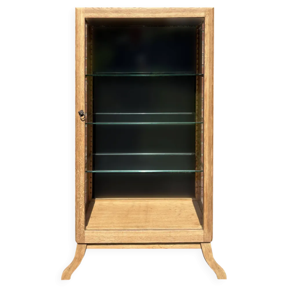 Vitrine ancienne en chêne massif restaurée, fond noir, étagères en verre