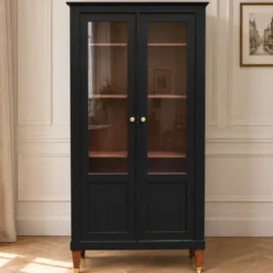 Vitrine ancienne rénovée noire à deux portes vitrées – H187 cm
