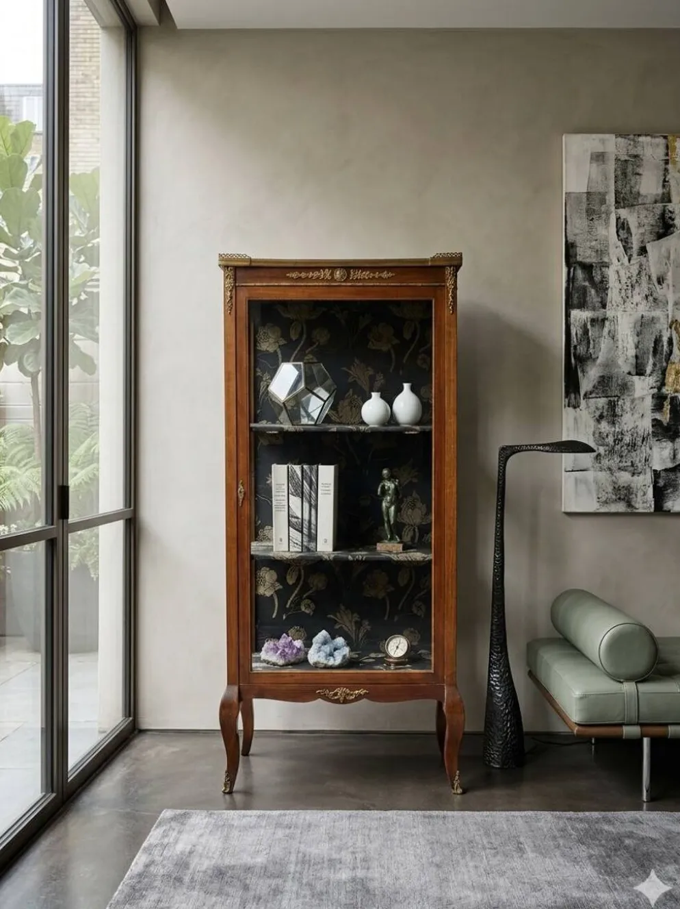 Vitrine ancienne style transition Louis XV-Louis XVI en Acajou