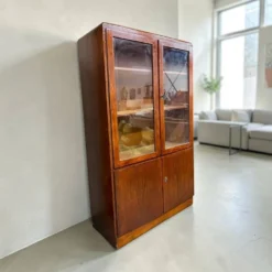Vitrine/armoire de pharmacie/armoire de laboratoire vintage en bois peu profonde