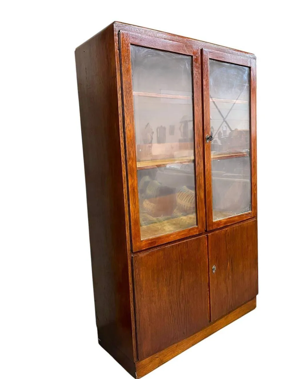 Vitrine/armoire de pharmacie/armoire de laboratoire vintage en bois peu profonde