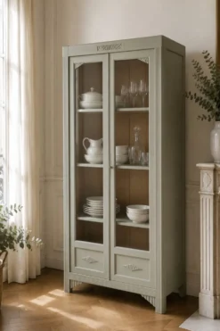 Vitrine Art Déco rénovée en vert de gris.