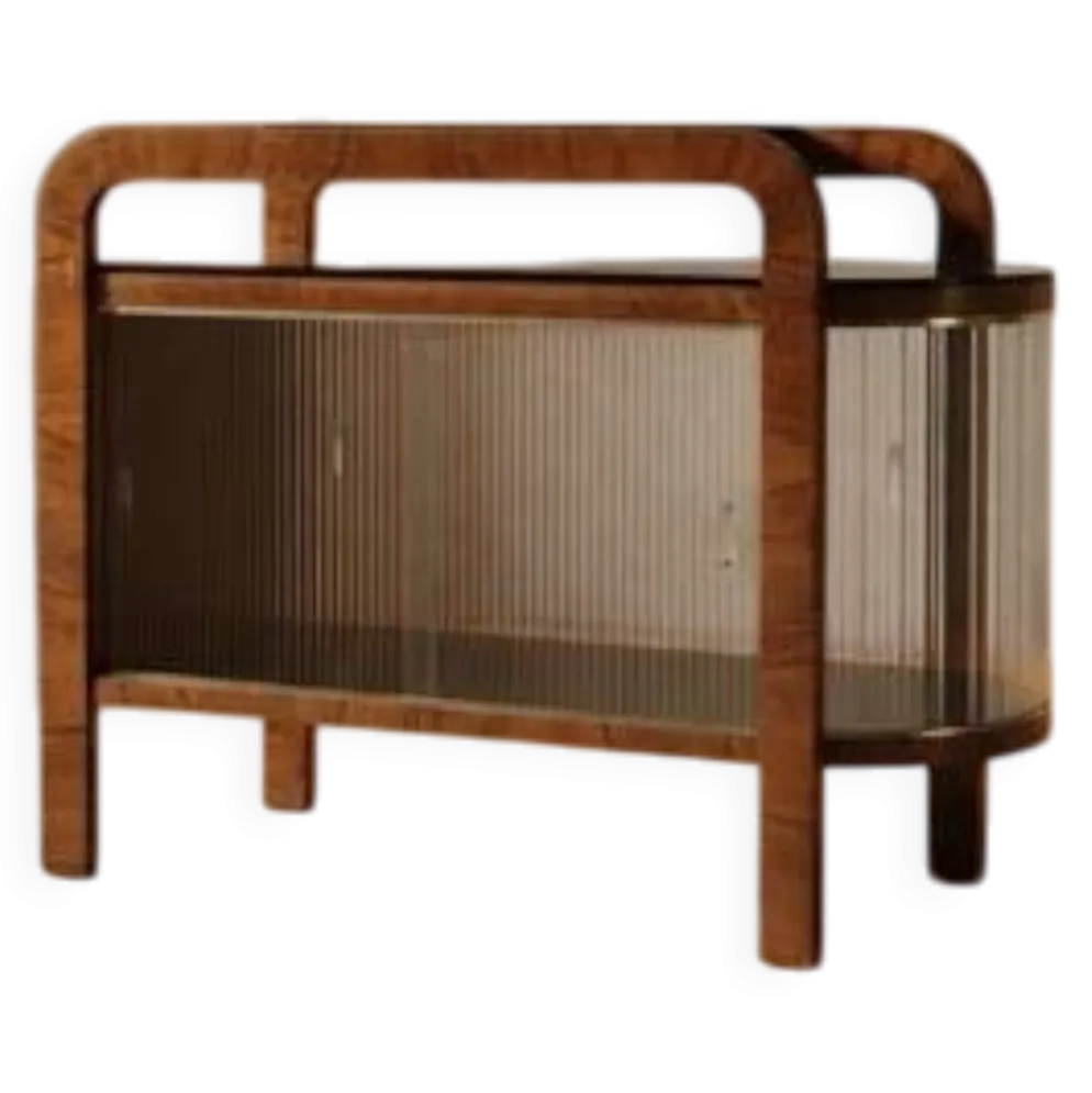 Vitrine Art Déco vintage avec cadre en bois courbé et portes en verre, 65 × 82 × 39 cm