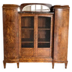 Vitrine-bibliothèque Art Déco en loupe, marbre, miroir et décor nacré