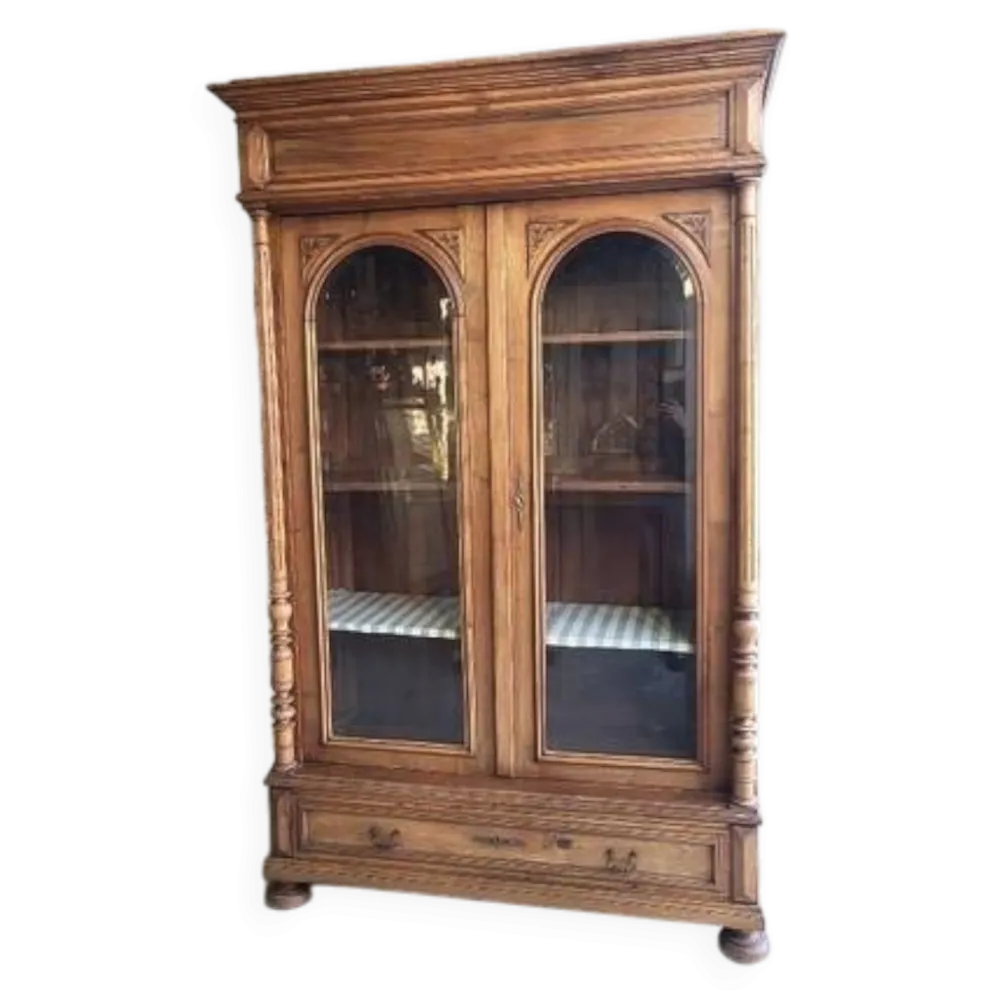 Vitrine bibliothèque 2 portes en noyer avec vitres biseautées du XIXème siècle