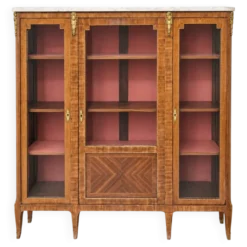 Vitrine, bibliothèque style Louis XVI en marqueterie, marbre et bronze