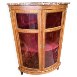 Vitrine d’angle ancienne Napoléon III en marqueterie et marbre - XIXe