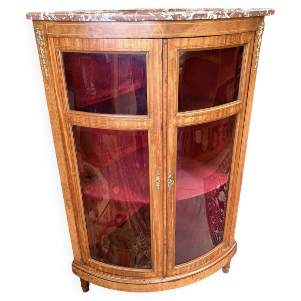 Vitrine d’angle ancienne Napoléon III en marqueterie et marbre - XIXe