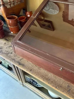 Vitrine de présentation en bois foncé et verre