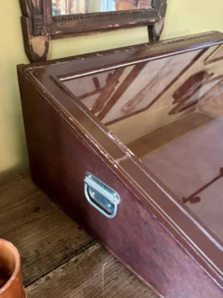 Vitrine de présentation en bois foncé et verre