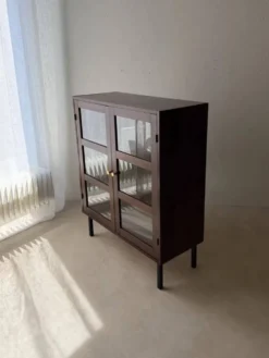 Vitrine du milieu du siècle en bois foncé avec verre