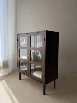 Vitrine du milieu du siècle en bois foncé avec verre