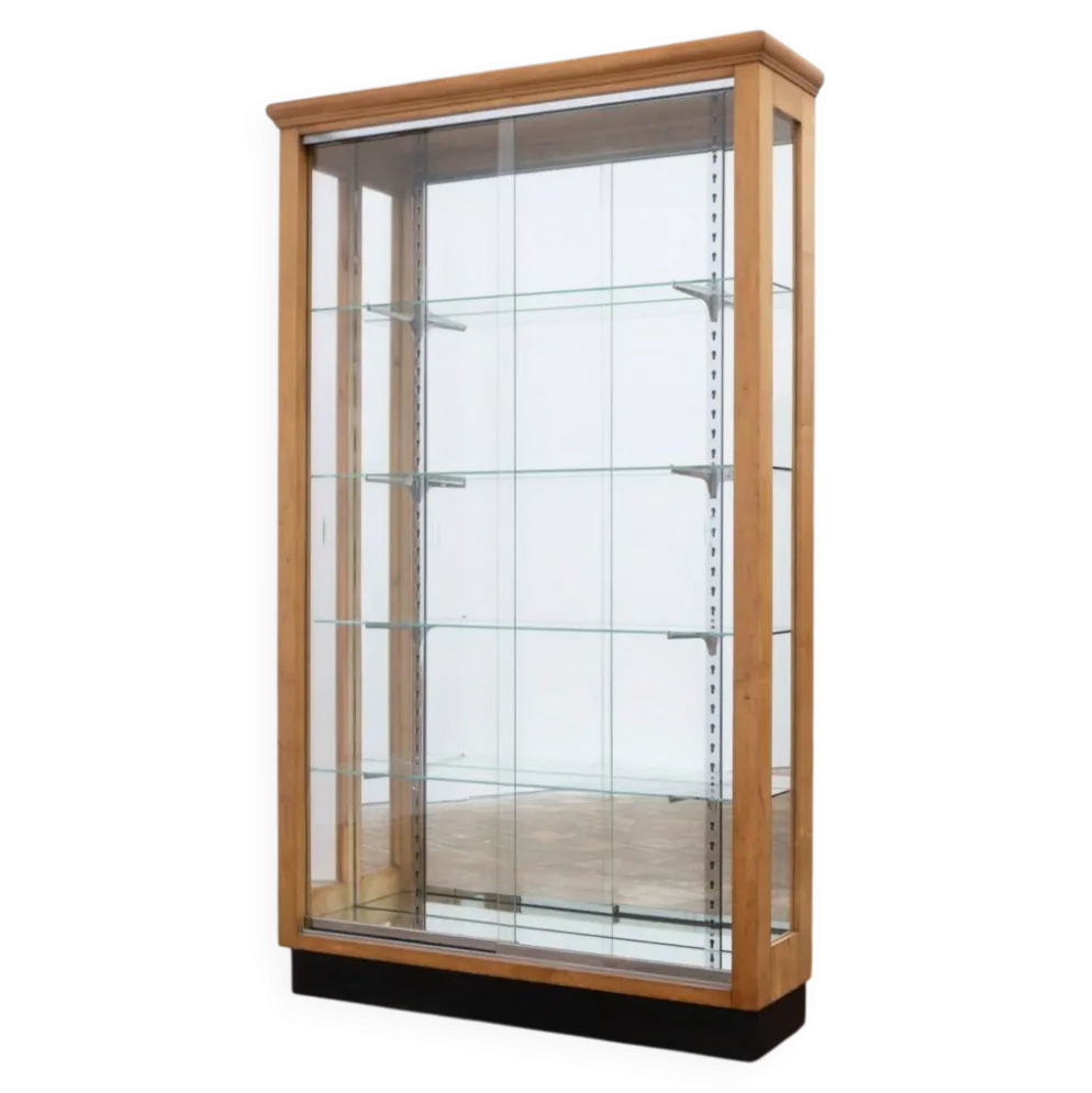 Vitrine en noyer blond à portes coulissantes en verre – XXe siècle