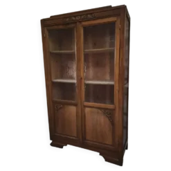 Vitrine française vintage en hêtre, bibliothèque à porte vitrée, meuble Art déco, vers 1930–1950