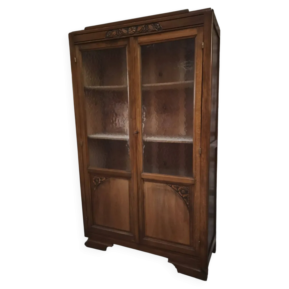 Vitrine française vintage en hêtre, bibliothèque à porte vitrée, meuble Art déco, vers 1930–1950