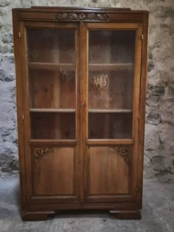 Vitrine française vintage en hêtre, bibliothèque à porte vitrée, meuble Art déco, vers 1930–1950