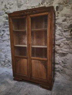 Vitrine française vintage en hêtre, bibliothèque à porte vitrée, meuble Art déco, vers 1930–1950
