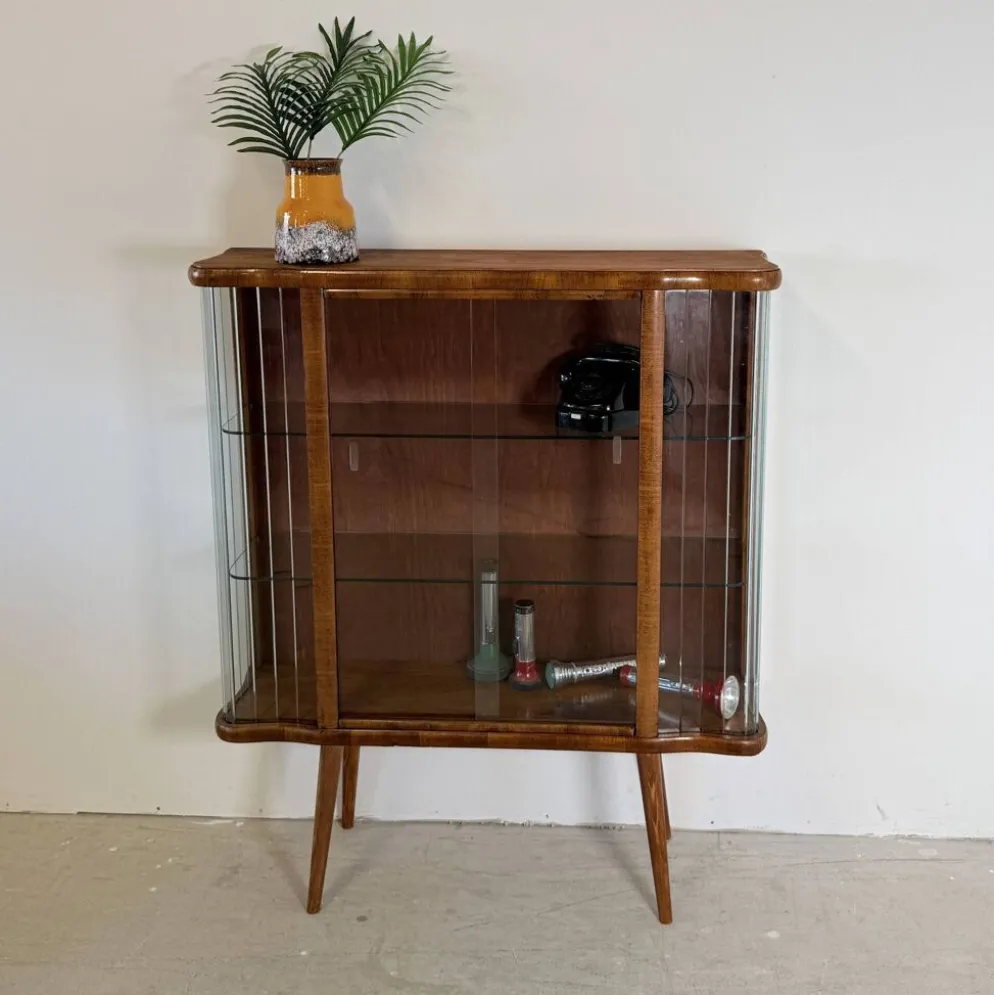 Vitrine vintage avec lattes en verre – Placage noyer chaud - Art Déco