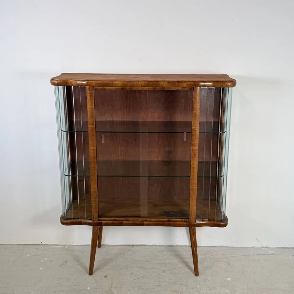 Vitrine vintage avec lattes en verre – Placage noyer chaud - Art Déco