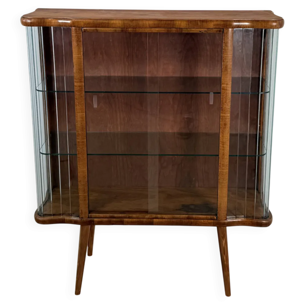 Vitrine vintage avec lattes en verre – Placage noyer chaud - Art Déco