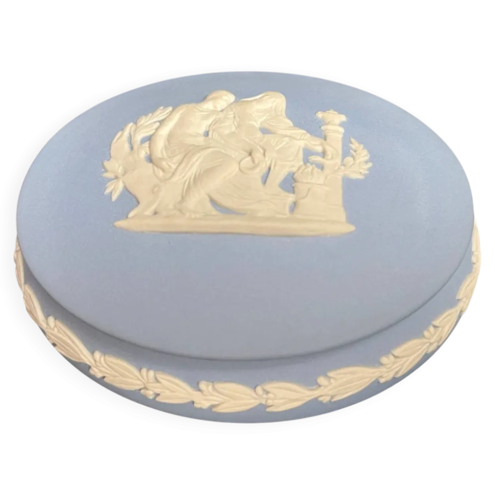 Wedgwood, bonbonnière jaspe bleu décor antique XXème