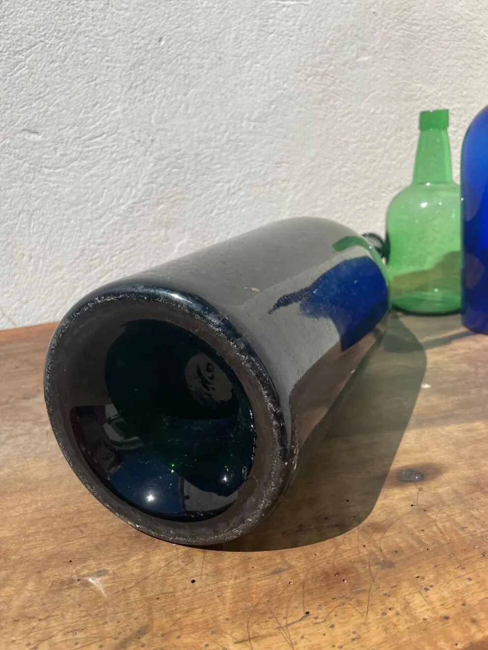 3x bouteilles en vert &bleu comme base pour lampes