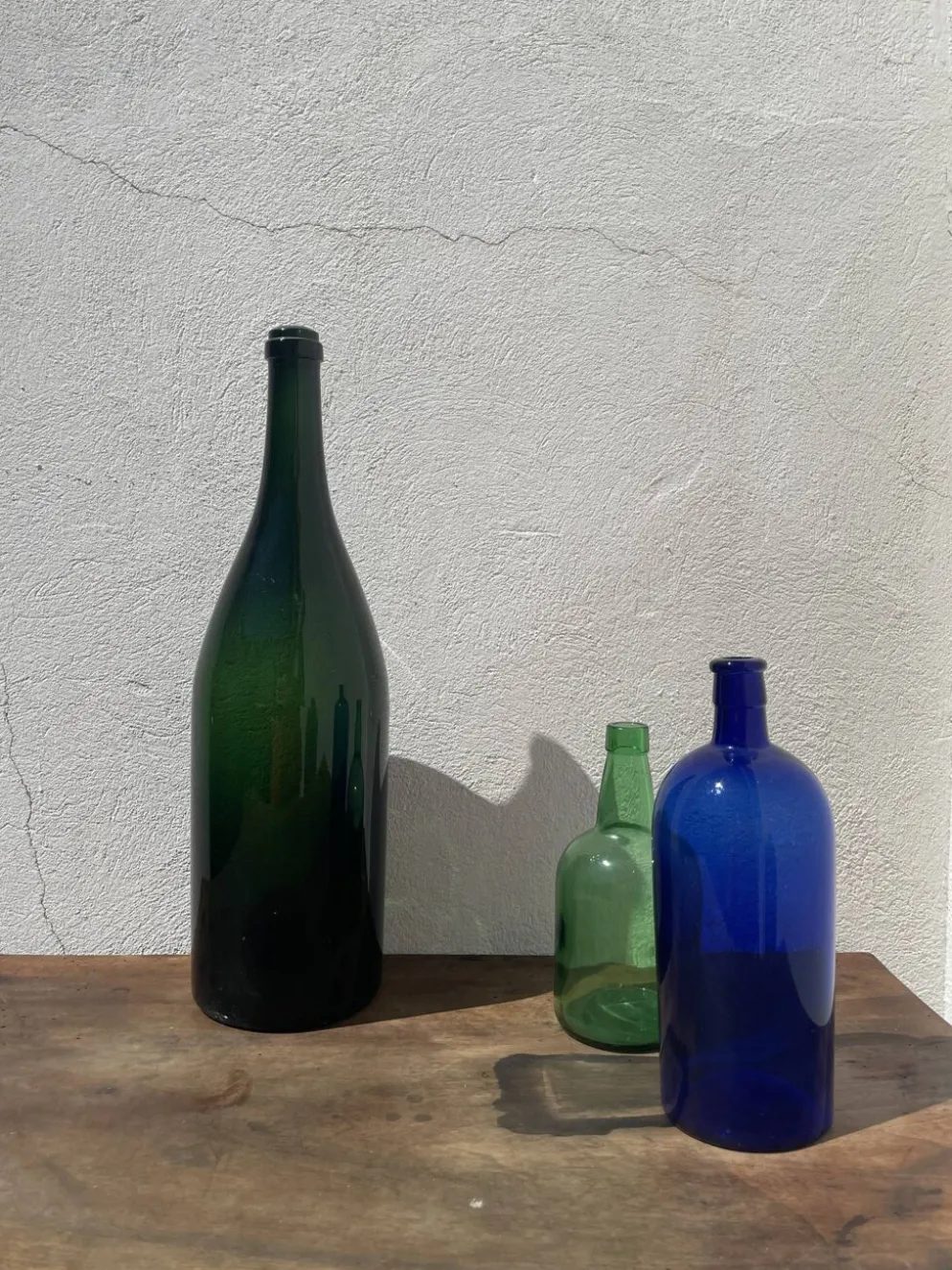 3x bouteilles en vert &bleu comme base pour lampes