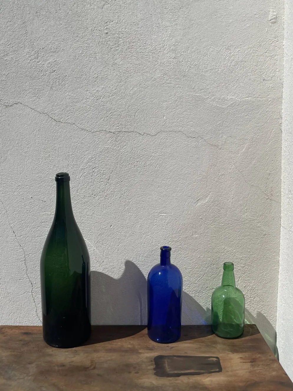 3x bouteilles en vert &bleu comme base pour lampes