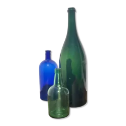 3x bouteilles en vert &bleu comme base pour lampes