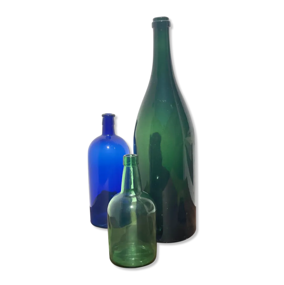 3x bouteilles en vert &bleu comme base pour lampes