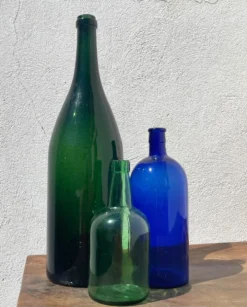 3x bouteilles en vert &bleu comme base pour lampes