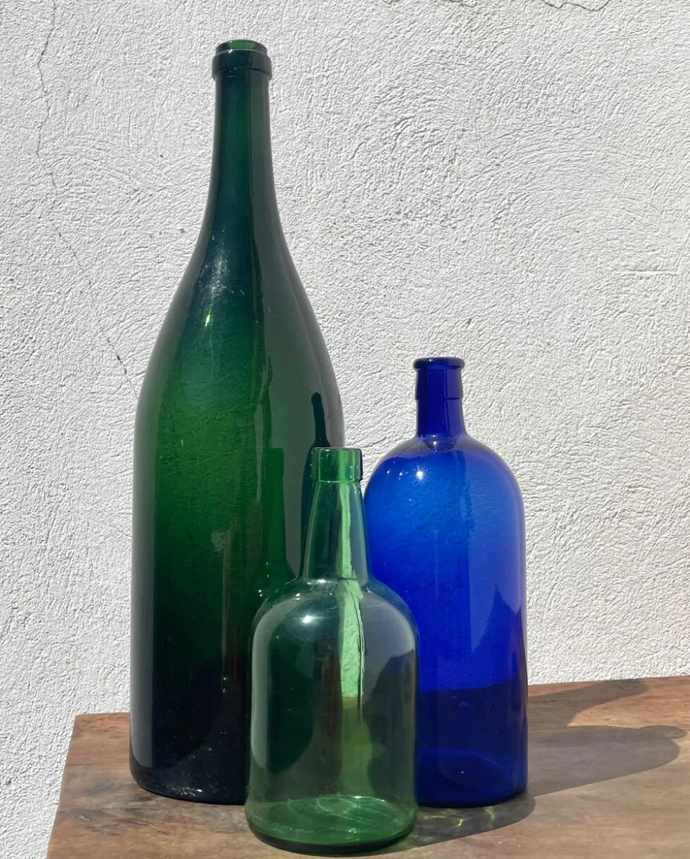 3x bouteilles en vert &bleu comme base pour lampes